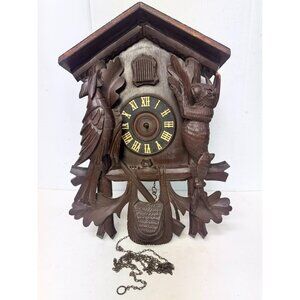 Antique Wood Germany Cuckoo MFG Wall Clock Schatz 8 Day Carved Rabbit & Pheasant